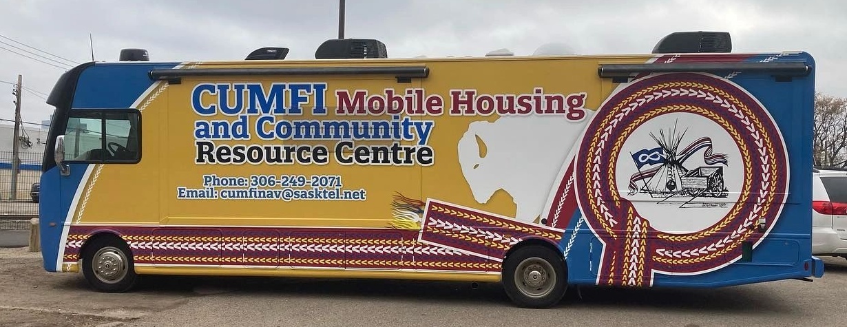 CUMFI mobile housing bus with its full original custom vehicle wrap
